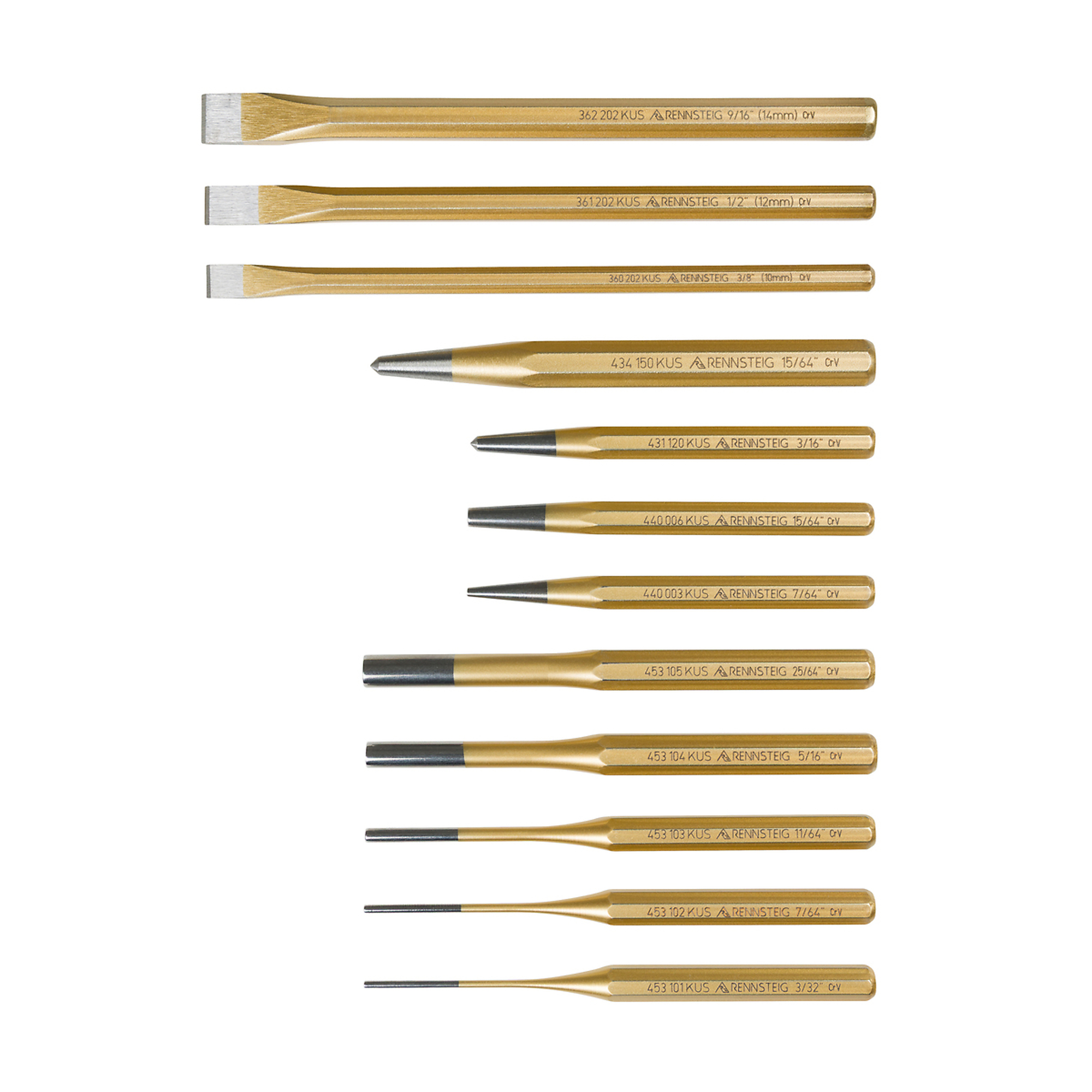 Knipex Rennsteig Punch and Chisel Set — 12 Pcs, Hardened Steel, Octagonal Shape, Model# 9R 400 012
